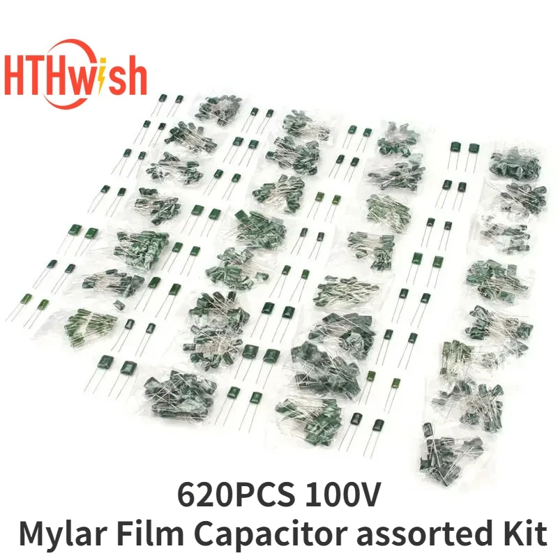 620pcs/lot 31value 100V Mylar Film Capacitor assorted Kit 100nf 220PF 560PF 68NF capacitors set 0.22NF-470NF Capacitor pack