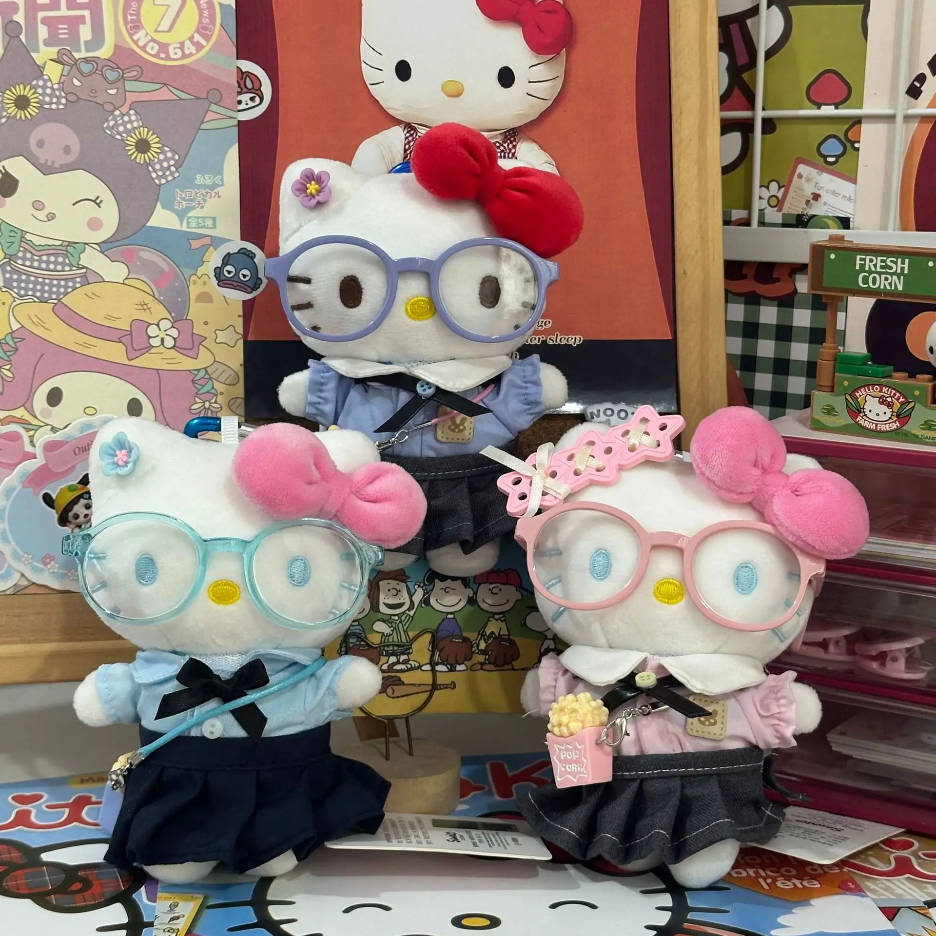

Hello Kitty Plush Keychain Student Uniform Glasses Dress Kawaii Cartoon Pendant for Diy Decor School Bag Backpack Kids Girl Gift
