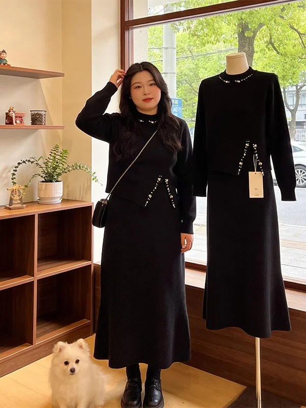 

Elegant plus Size Women's Outfit Long Sleeve round Neck Dress And Vest Two Piece Set Korean Style Commute Casual High Waist