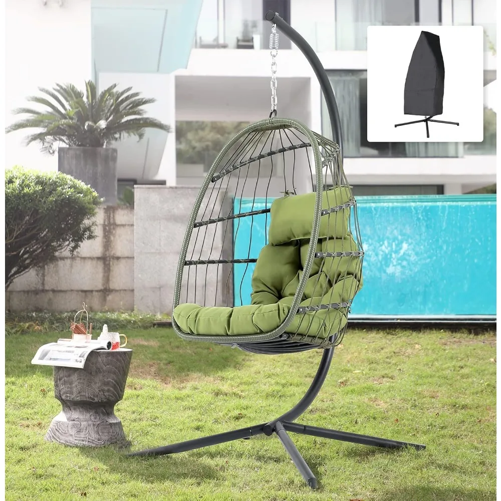 

Indoor Outdoor Egg Swing Chair with Stand, Green Wicker Rattan Hanging with Rope Hammock for Bedroom Egg Chairs