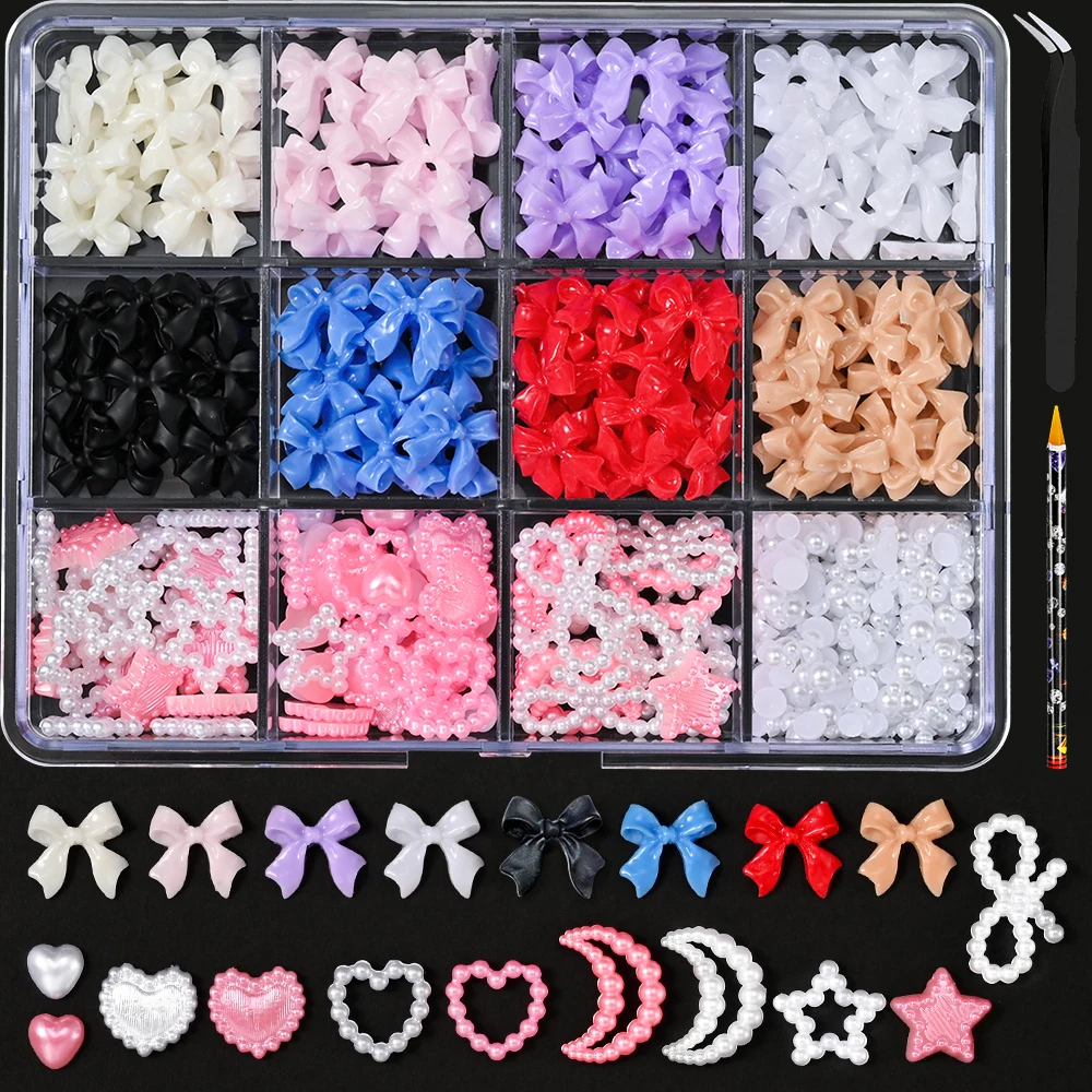 12Grids/box Mixed Resin Bowknot Nail Art Decorations 3D Kawaii Colorful Bow Rhinestone Acrylic Nail Charms DIY Manicure Tools