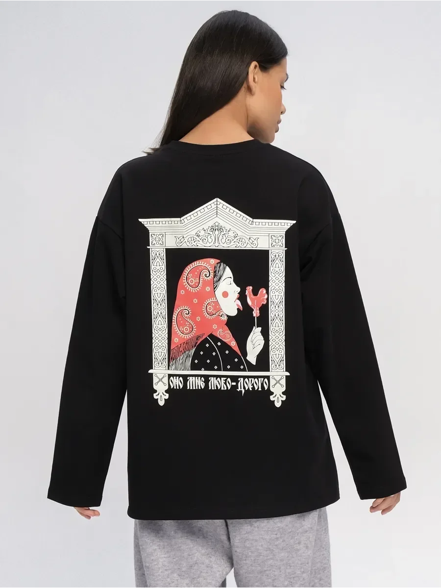 Autumn Women's Cotton  Retro Frame Folk Woman With Rooster Lollipop Print Long SleeveT Shirt Loose Casual Basic Chic Daily Top