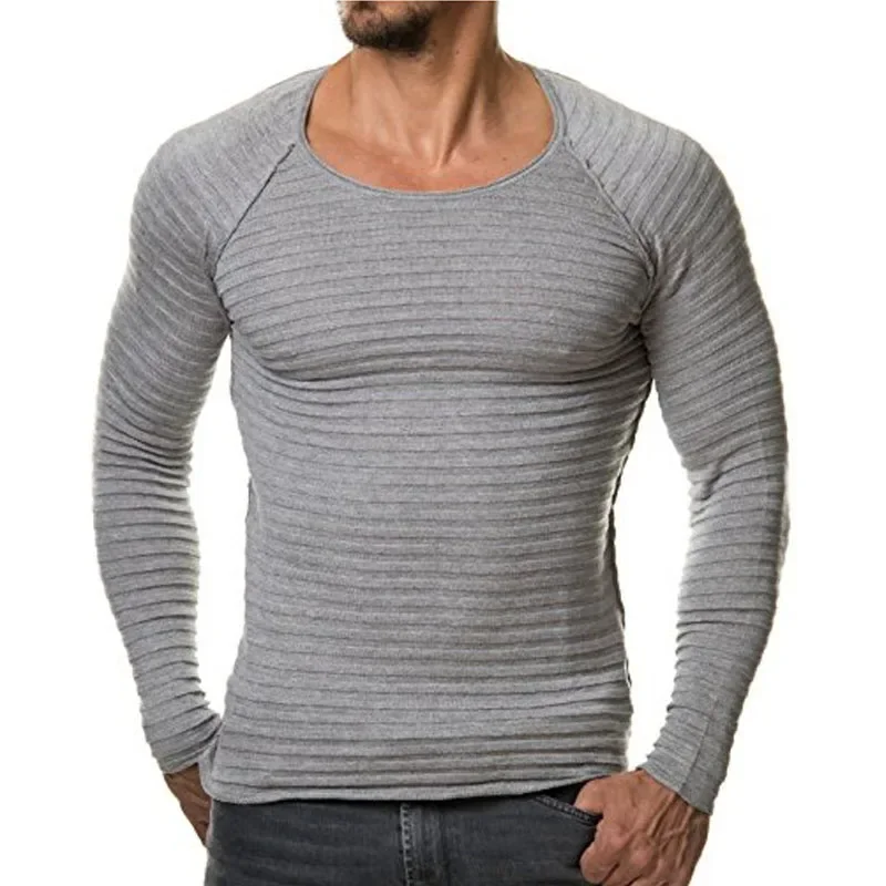 Sweater rajut lengan panjang pria, Sweater bergaris Solid Slim Fit 2024 untuk lelaki