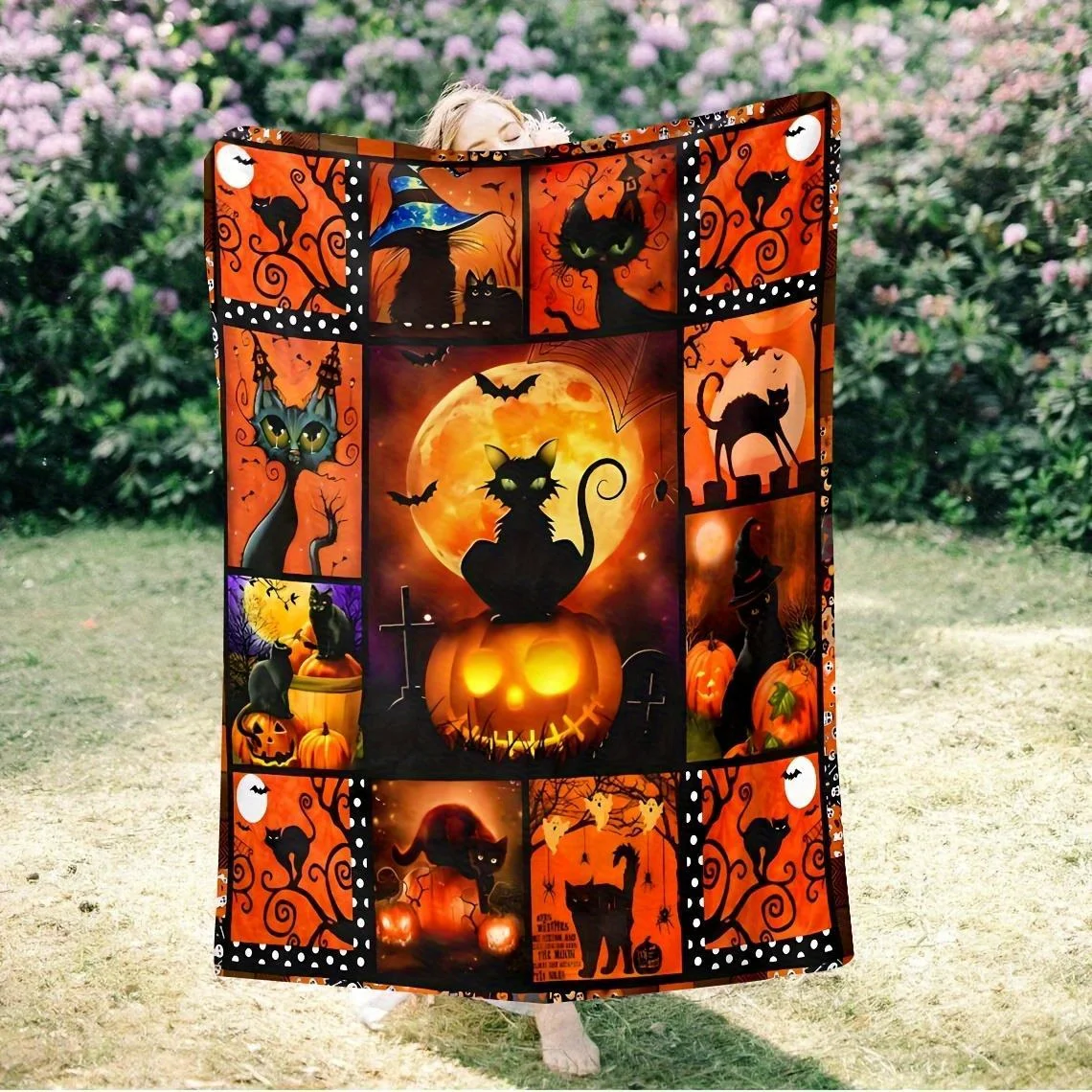 

Halloween Throw Blanket Soft Polyester - Spooky Black Cats, Pumpkins, Bats, Witches Hats - Orange & Purple Halloween Decor