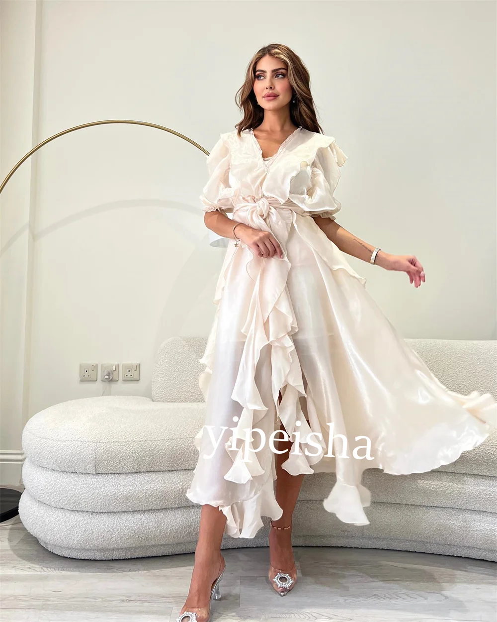 Robe de Rhfroncée plissée en satin, robes mi-longues, ligne A, col en V, occasion sur mesure