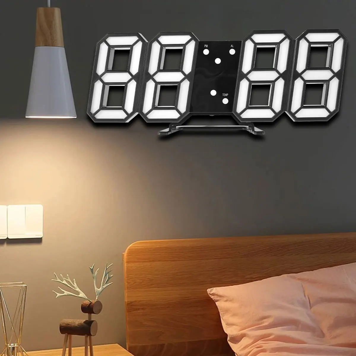 3D Wall Clock Adjust Brightness Luminous Mode LED Digital Clock 12/24 H Temperature Display Home Living Room Office Decoration