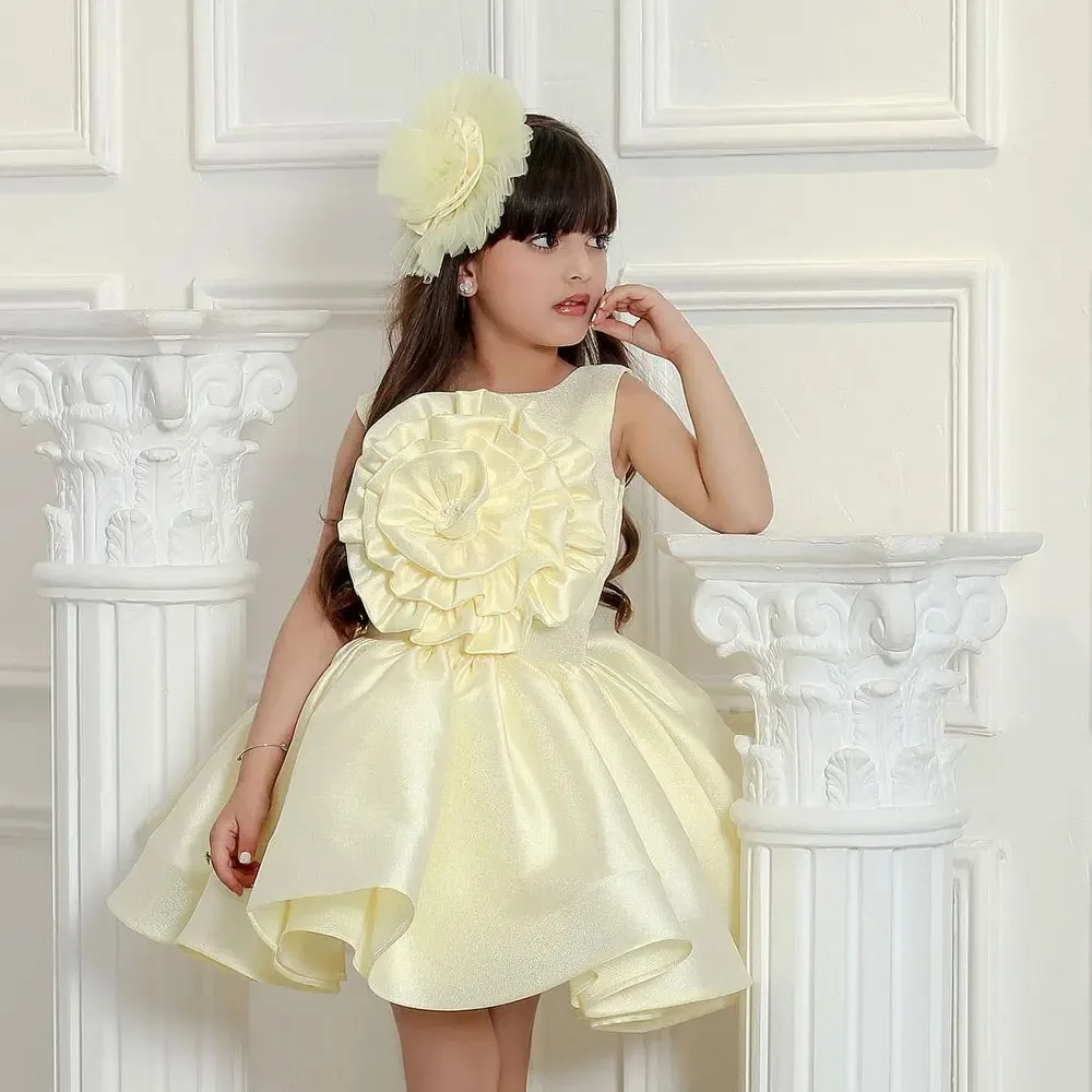 Vestido de menina flor amarelo claro para casamento 3d floral na altura do joelho bebê crianças roupa formal para sessão de fotos vestidos de primeira comunhão