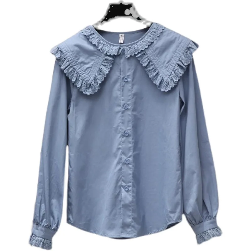 Spring Autumn Large Turndown Collar Shirt Women's Sweet Lace Doll Collar Long Sleeve Top Loose Single Breasted Versatile Blouse