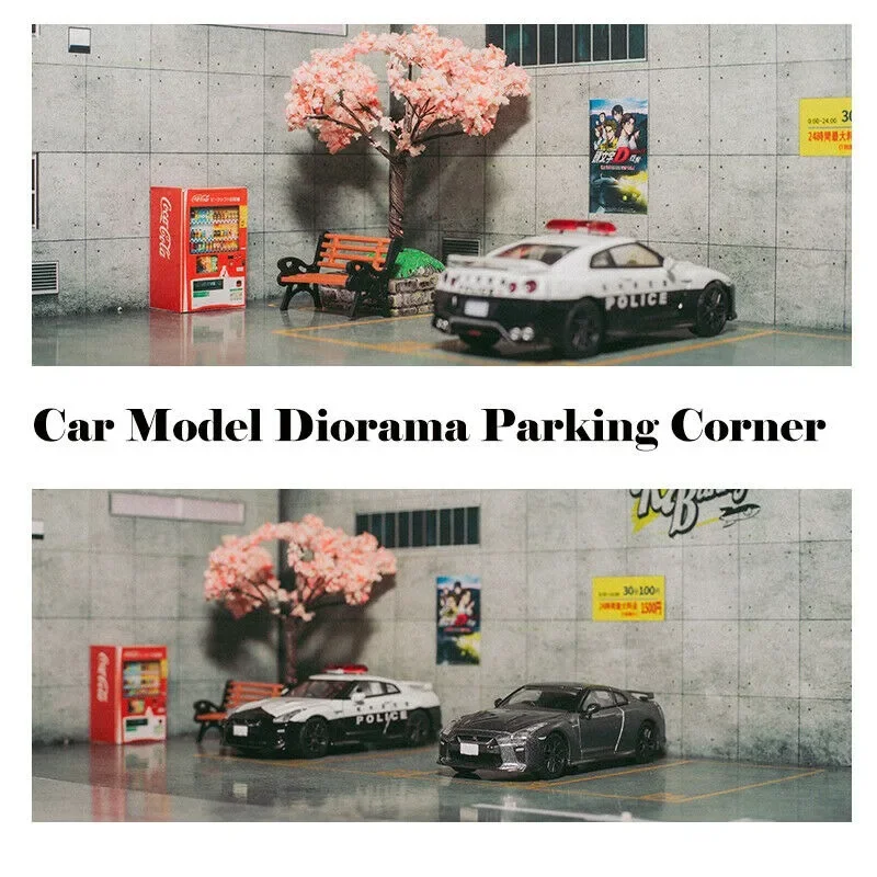 DIY 1/64 Car Model Diorama Scenery Japan Basicment Parking Lot Display with tree long bench and machine model Xmas gifts