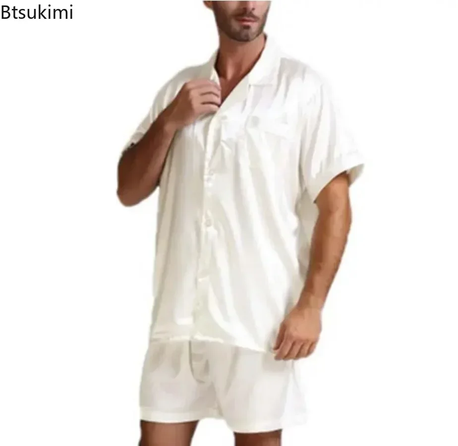 2024 Men's Summer Pajamas Sets Comfortable Satin Silk Short Sleeve Homewear Two Piece Sets Tops+Shorts Male Solid Sleepwear Suit