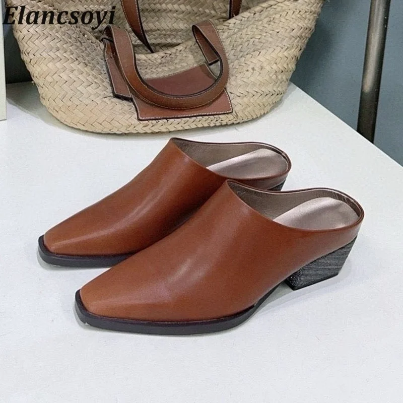 Mules Women Square Toe Genuine Leather Retro Half Slipper Autumn Winter String Bead Decor Square Heels Closed Toe Slippers