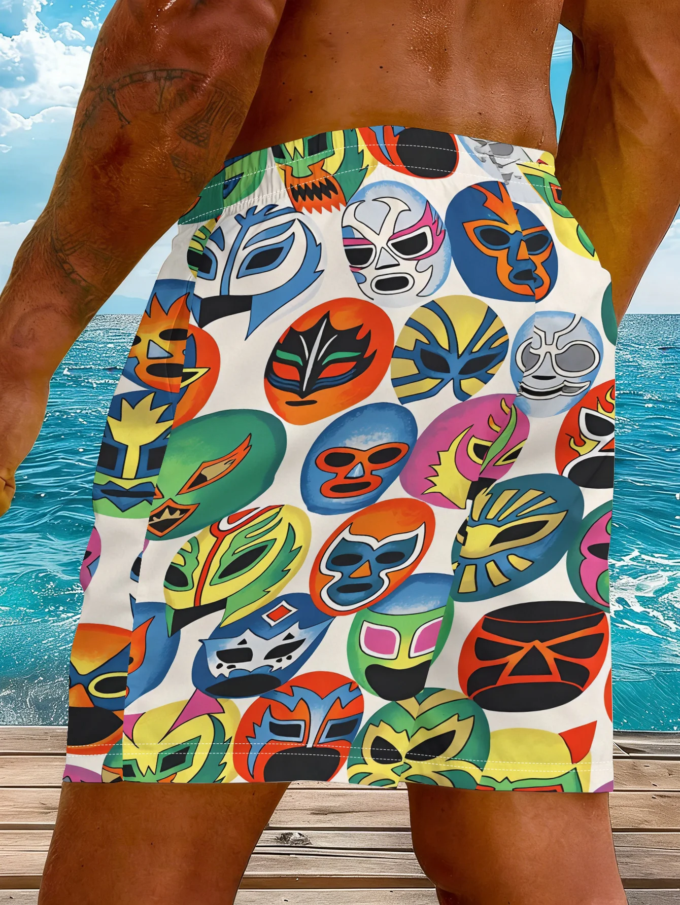 Mens Colorful Wrestling Mask Print Quick Dry Board Shorts Elastic Drawstring Swim Trunks Summer Beach Casual Outfit