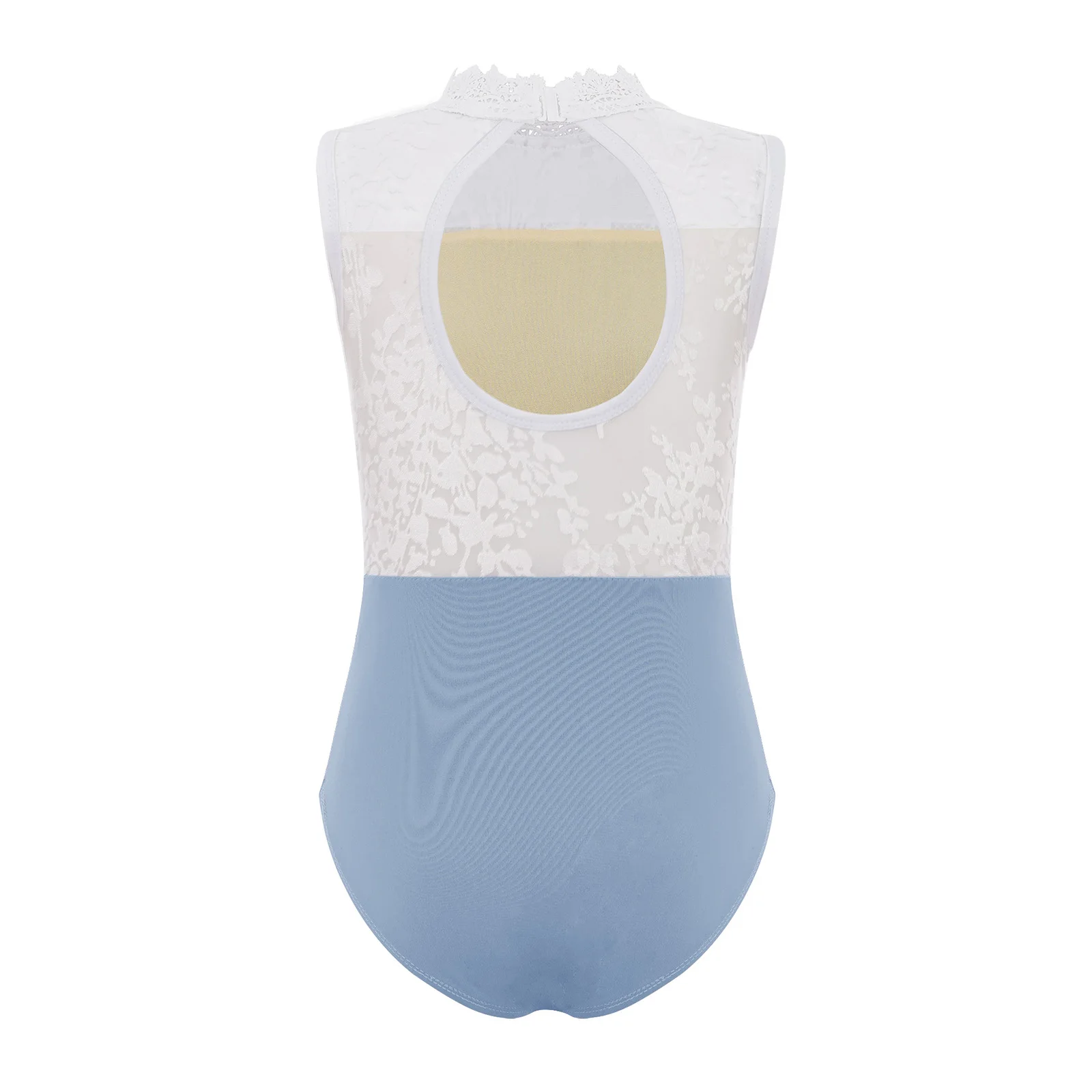 Kids Girls Lace Collar Sleeveless Dance Leotard Sheer Jacquard Mesh Patchwork Bodysuit for Ballet Dance Gymnastics Performance