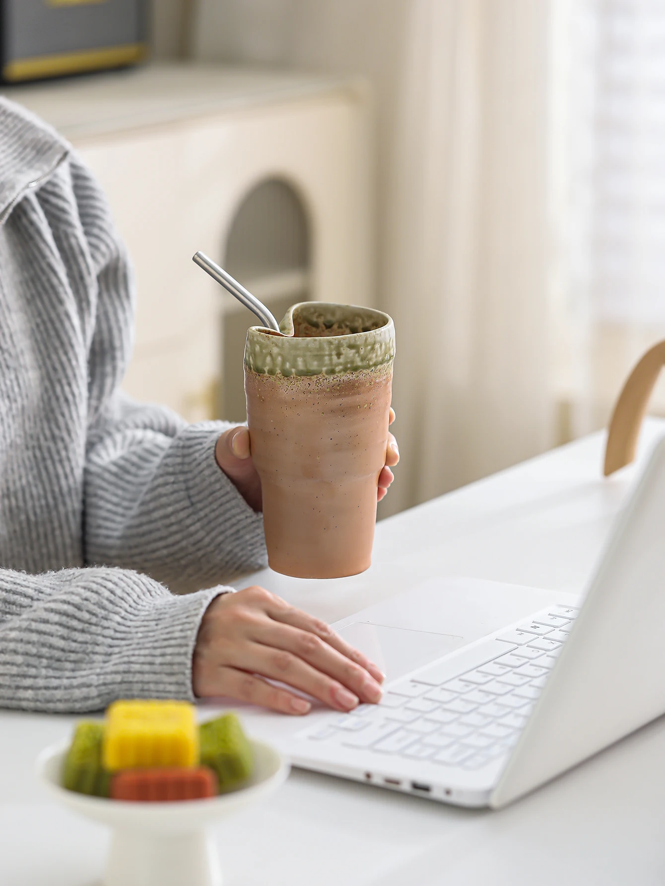 1 x 500 ml ceramic mug with straw, glazed design, large capacity, vintage-style mug with str », grande contenance, tasse rétro «