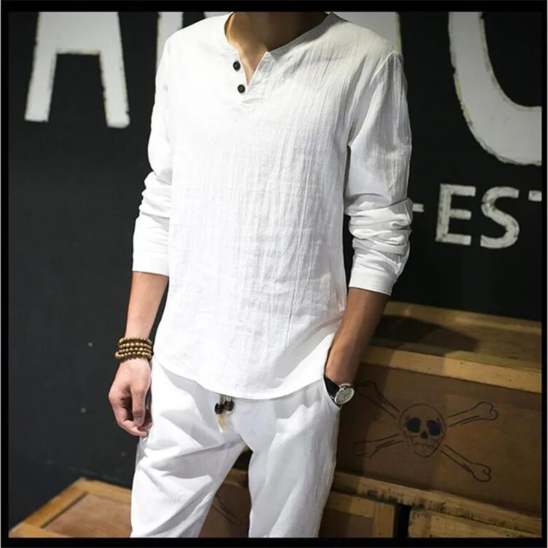 Linen Shirts Solid Basic Long Sleeve T Shirt Men Spring New Crew Neck T-shirts Fashion Male Tops Tee Plus Size M-4XL 7XL blusas