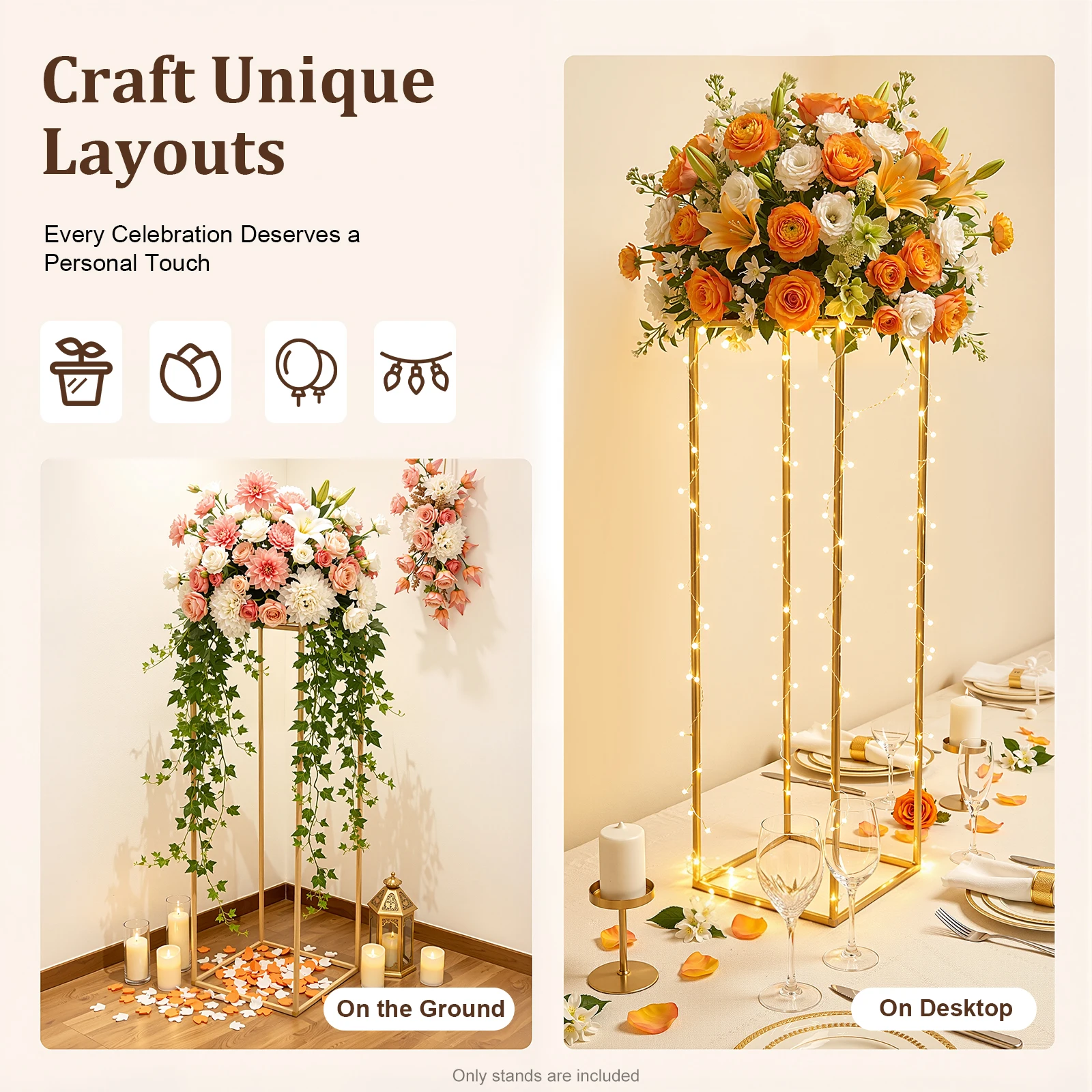 10Pcs Gold Wedding Flower Stands Rectangular Iron Centerpiece Display Stand for Party Banquet Baby Shower Event Table Decor