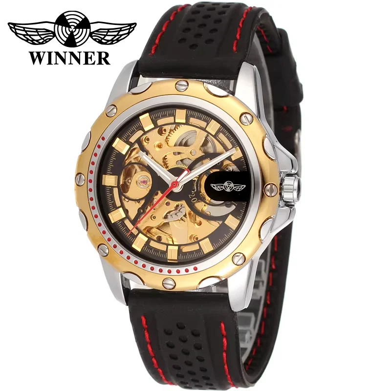 

T-winner Watch Men's Leisure Hollow Silicone Automatic Mechanical Watch Gold Circular Belt Wrist Watch
