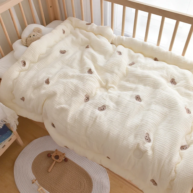 Children Quilt Natural Cotton Muslin Soft Baby Crib Comforter Bear Bunny Tiger Embroidery Kindergarten Toddler Napping Quilt