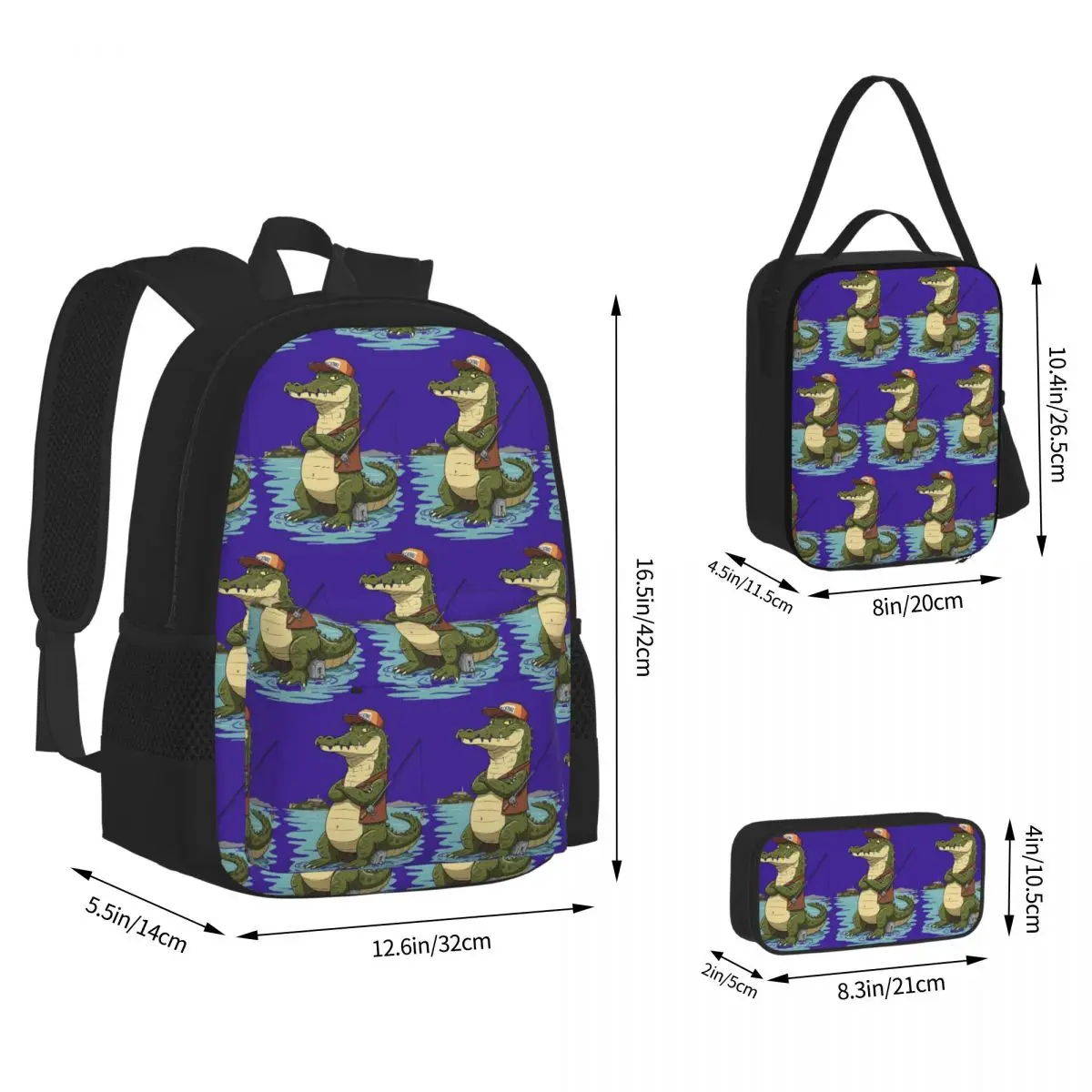 ALLIGATOR ALCATRAZ DESIGN Backpacks Children Bookbag School Bags Rucksack Lunch Bag Pen Bag Three-Piece Set