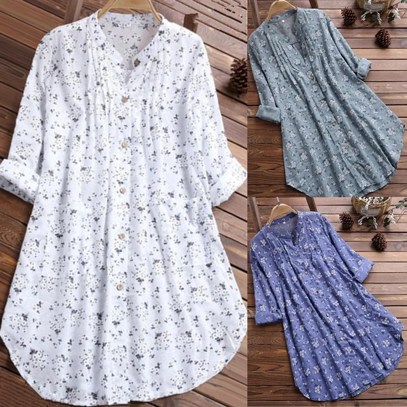 Blusa larga de algodón para mujer de talla grande con estampado Floral irt, Top informal para mujer, ajuste cómodo, botón largo Sve