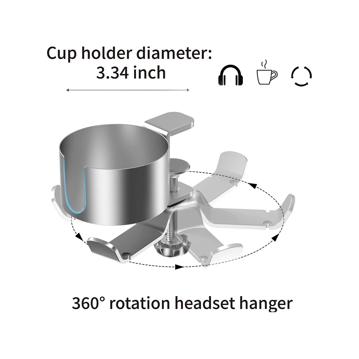 Desk Cup Holder com Headphone Hanger, suporte resistente a derramamento, garrafa de café e fone de ouvido-Prata, 2 em 1