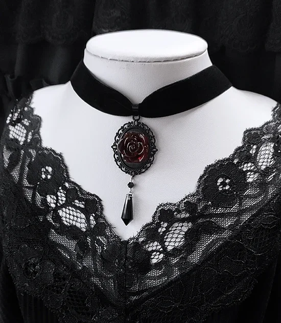 Gothic Dark Red Rose Pendant Black Velvet Necklace Jewelry