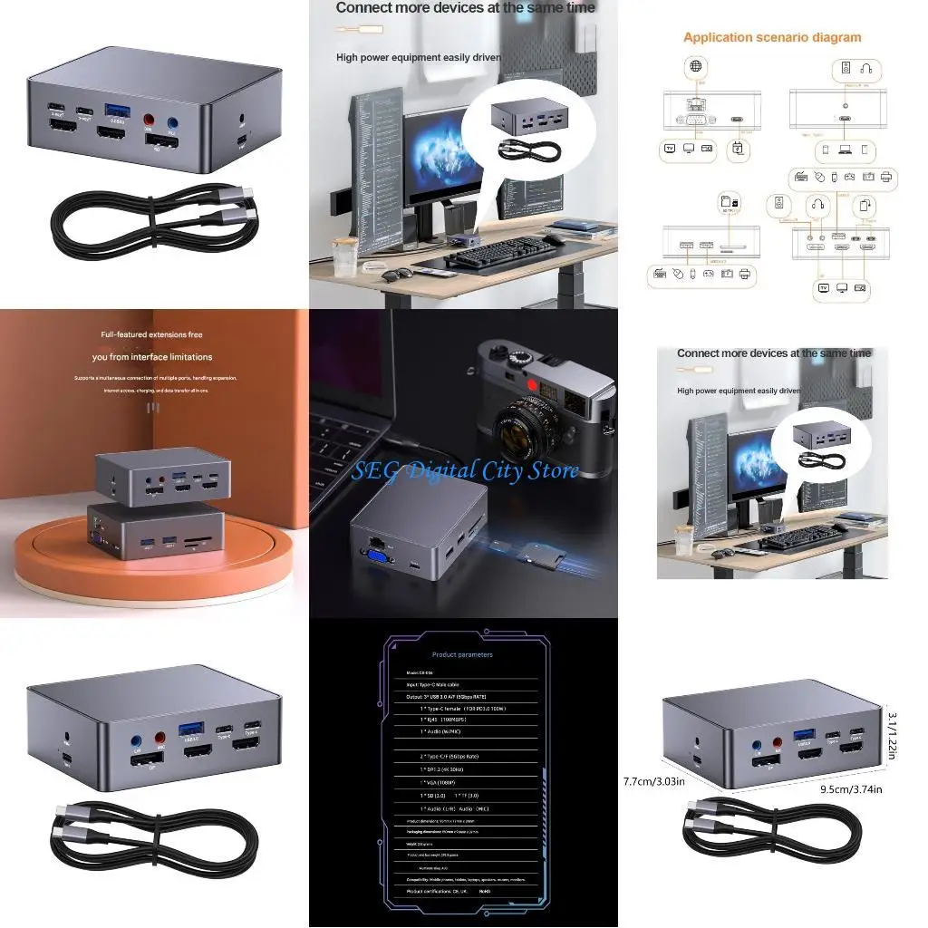 

U75B 16 in 1 Multiple Port Docking Station with 4K HDTV DisplayPort Double Monitor Support Metal Design for Laptop PC