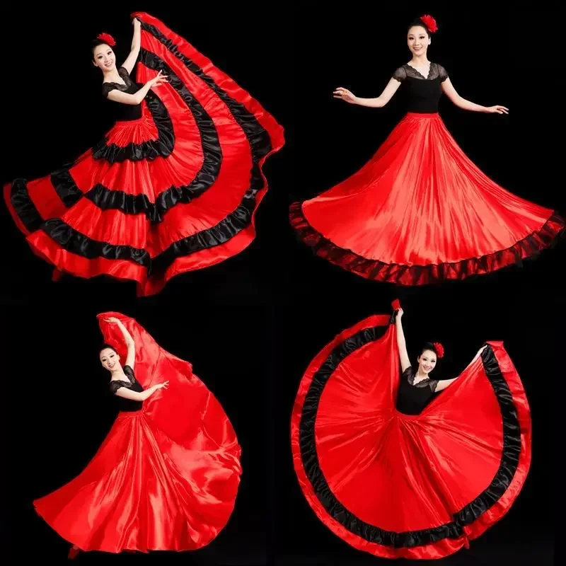 กระโปรงเต้นรำสไตล์ยิปซีสเปน แฟลเมงโก้ สำหรับผู้ใหญ่และเด็ก ผ้าซาตินลายทาง ผ้าไหม ทรงบานใหญ่ สีแดง สำหรับการแสดงเต้นรำแบบทีม
