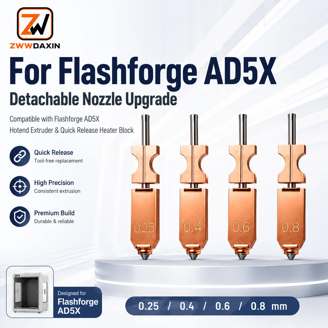 For Flashforge AD5X Nozzle Upgrade Detachable 0.4 0.6 0.25 0.8mm for Flashforge AD5X Hotend Extruder Quick Release Heater Block