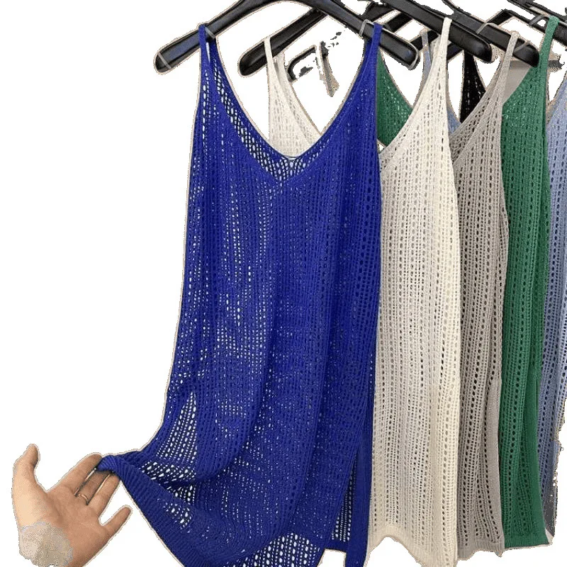 المرأة ثقب فضفاض فستان الصيف سترة تانك أكمام الدانتيل متماسكة محبوك الجنين الكروشيه بلوزة الشاطئ بوهو عادية نقطة فساتين متوسطة الطول