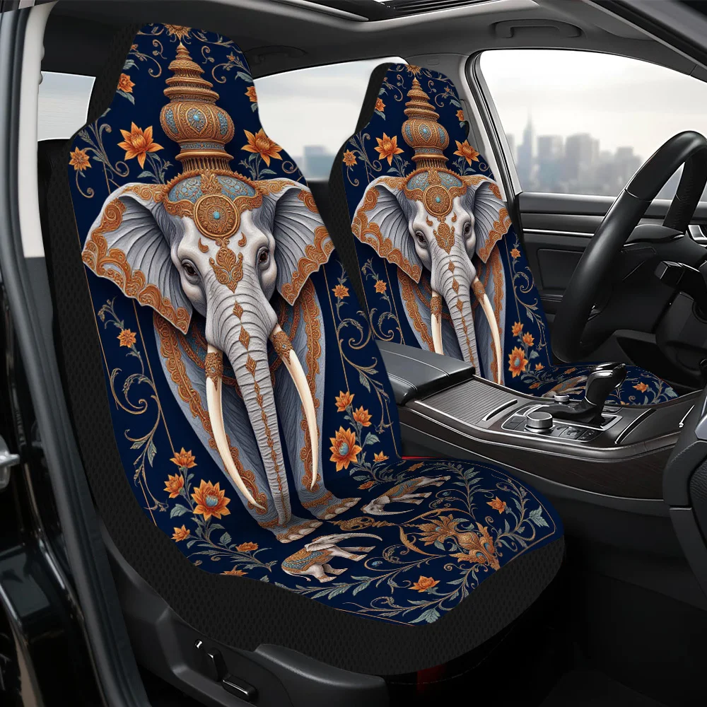 2pcs, Elegant Front Seat Covers Diwali Elephant With Themed, Soft And Easy To Clean, Perfect For Driver And Passenger Seats, Gr