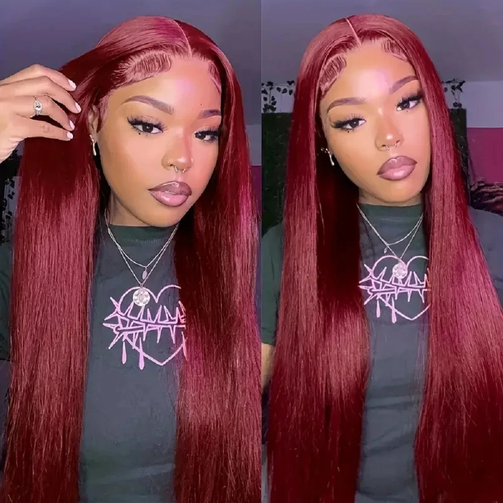 HD 13x4 Burgundy 99J  Red Colored Straight Lace Front Human Hair Wigs 200 Density Pre Plucked 13x6 Transparent Lace Frontal Wigs