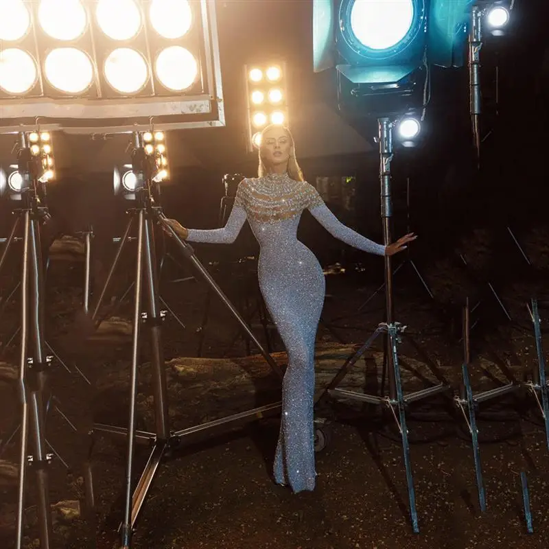 Primavera 2024 Donna Slim Fit rotondo Ne Dr Abito aderente con paillettes sexy Ele Commute Sle Vita alta Lungo Sve Maxi Dr