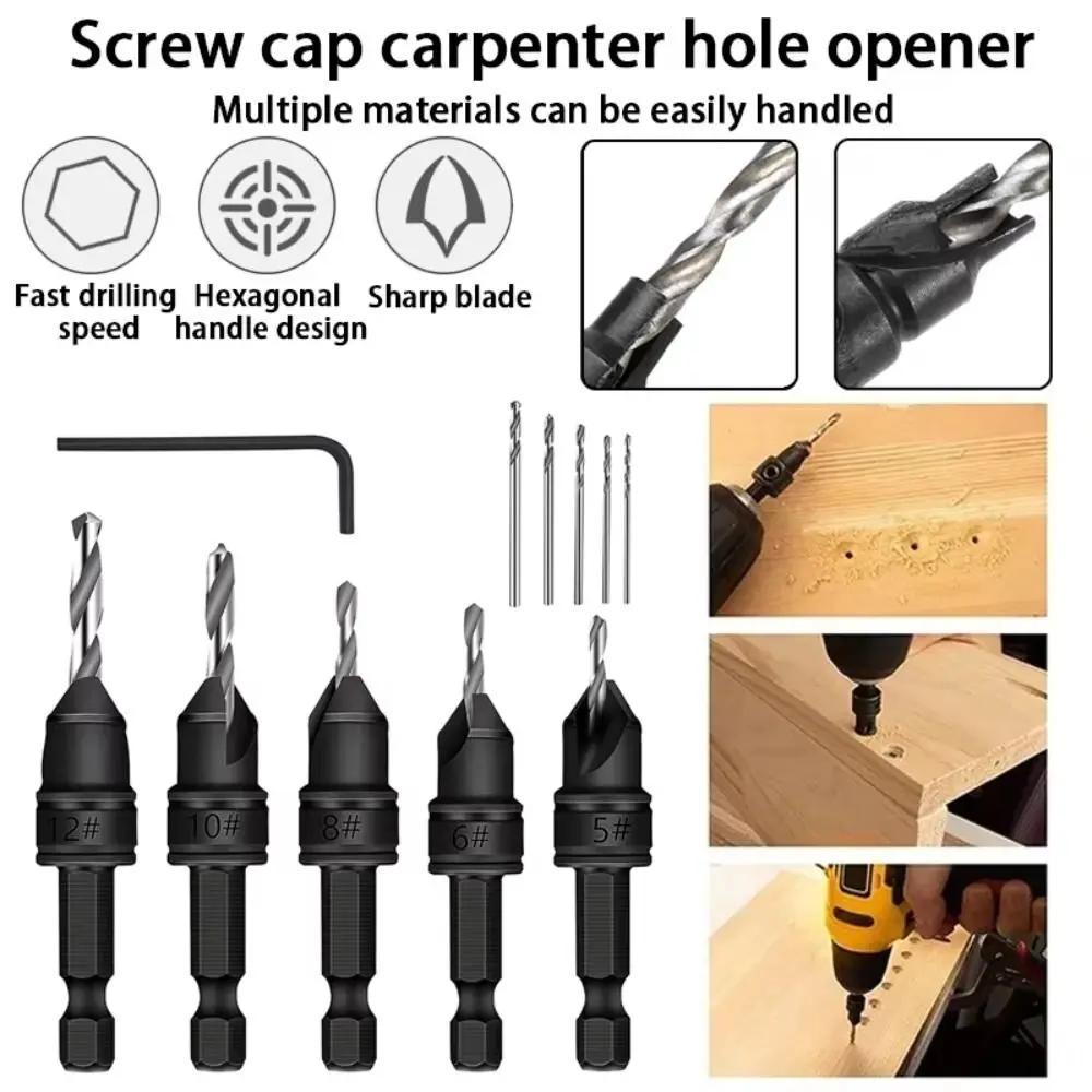 Cone Hardware Tool Countersink Drill Bit Set with 5 Replaceable Drill Bits Drilling Pilot Holes Hole Opener Set Practical