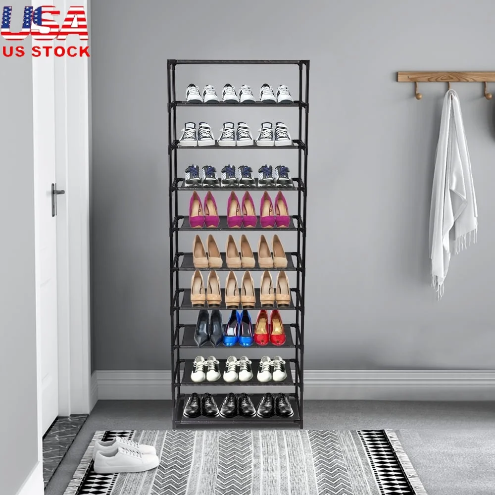 

10 Tier Shoe Rack Storage Organizer Stainless Steel Frame Holds 30 Pairs Easy Assembly Space Saving Design Home Office