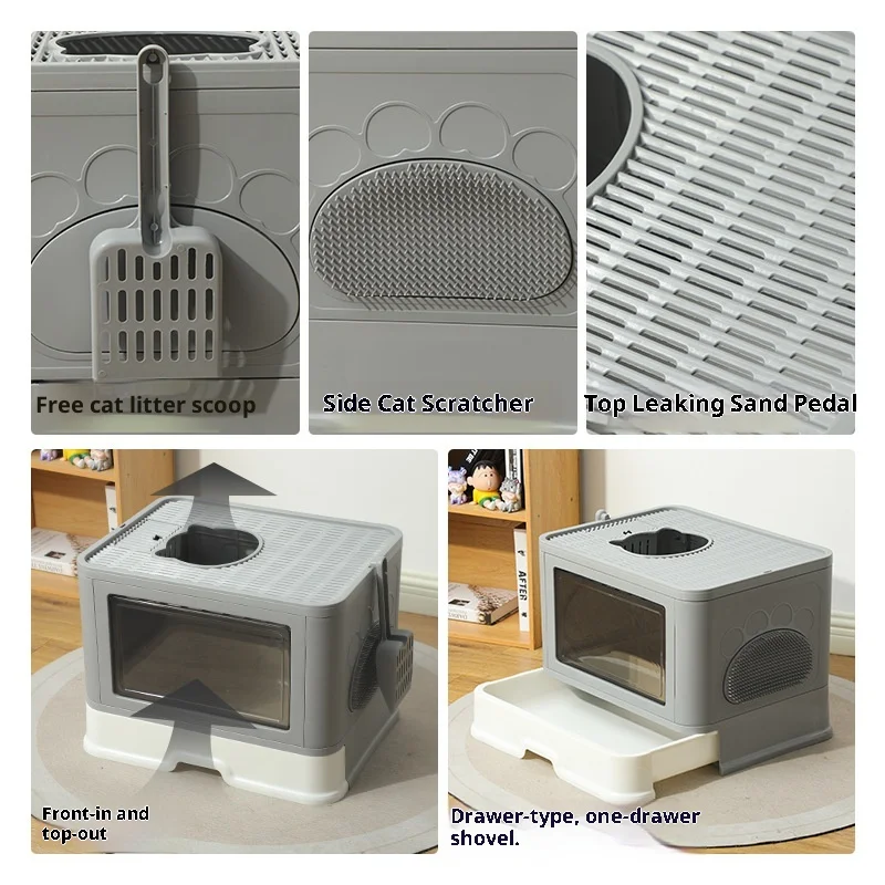 Large Fully Cat Litter Box Enclosed  Drawer Style Splash Proof Easy Clean Cat Toilet Odor Control Cat Kibble Dispenser Shovel
