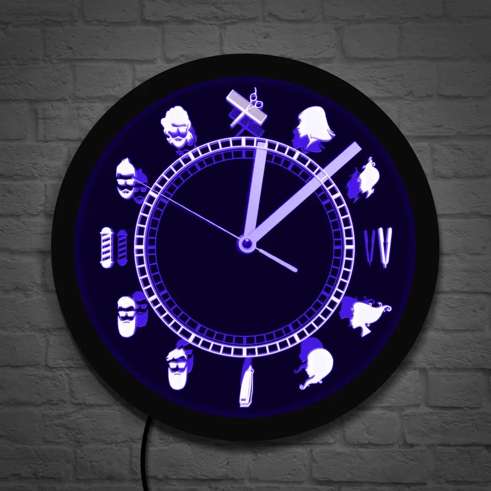 Barber Shop Tools LED Lighted Wall Clock Hair Beauty Salon Hairdresser Hanging Barbershop LED Neon Clock Barber Room Wall Sign