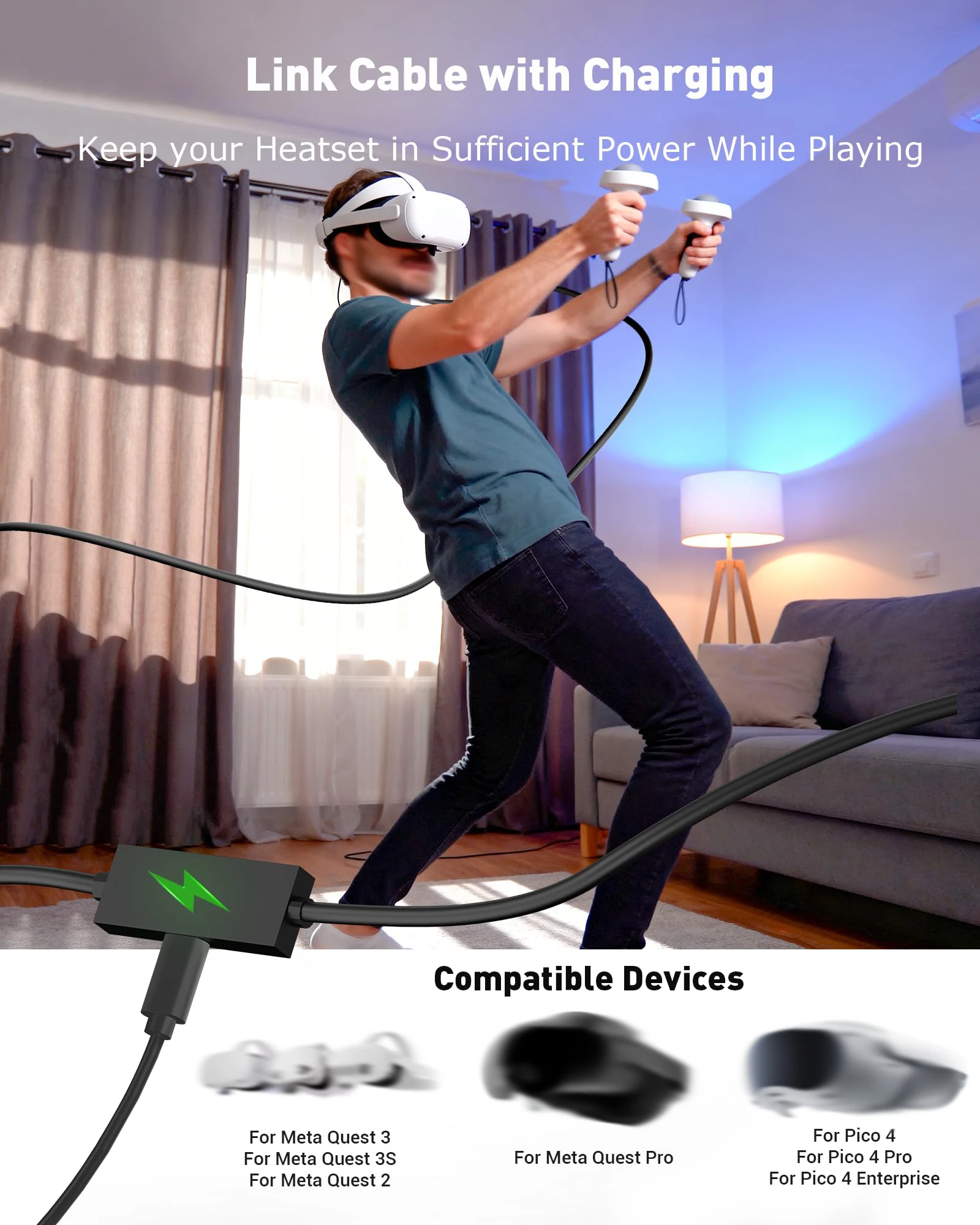 16FT Link Cable with Charging for Meta Quest 3 & 3S Quest 2 Pico 4 VR USB 3.0 5Gbp High Speed USB Modem Cable for PC Steam VR