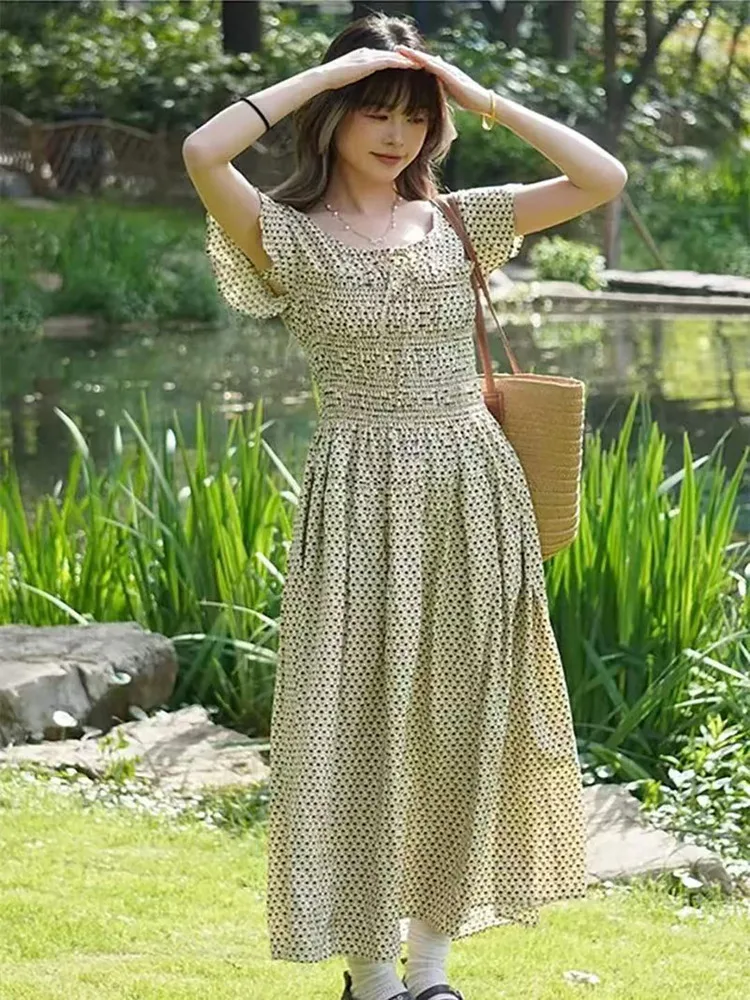 French Sle High Waist Floral Print Long Dr Summer New Arrival Gathered Sve Empire Waist A-Line Dr Soft V-Ne Dr