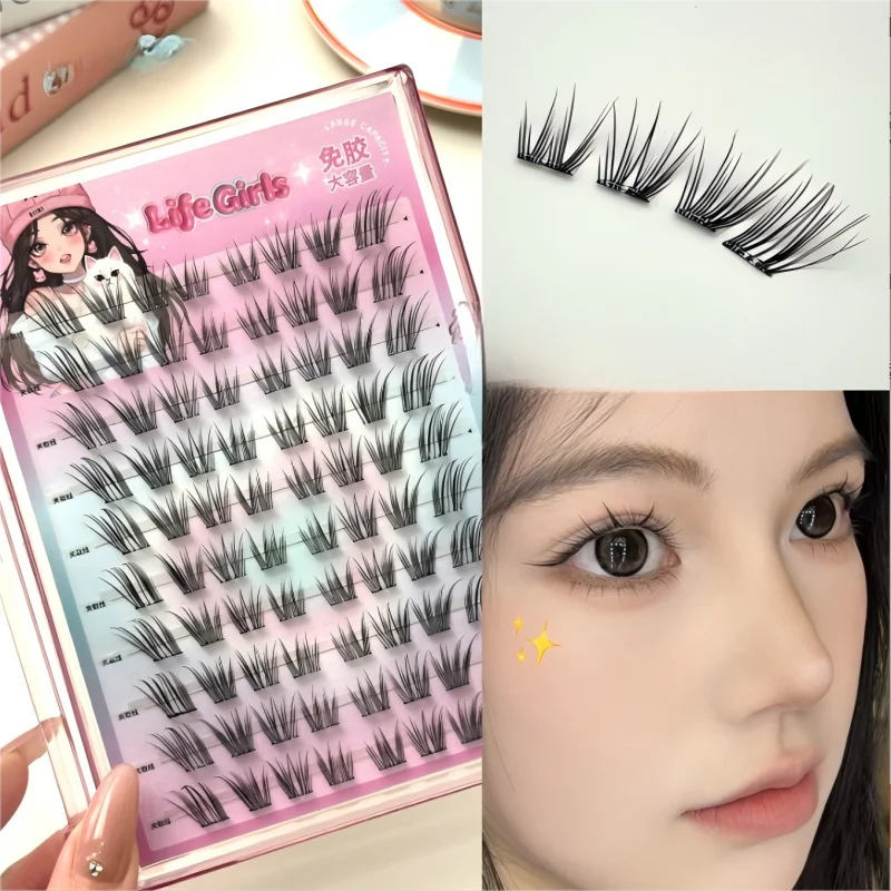 Life Girls Klebstofffreie falsche Wimpern im C-Curl-Fuchs-Stil, schräge Comic-Augen, dicke, segmentierte Oberwimpern, selbstklebende Wimpern