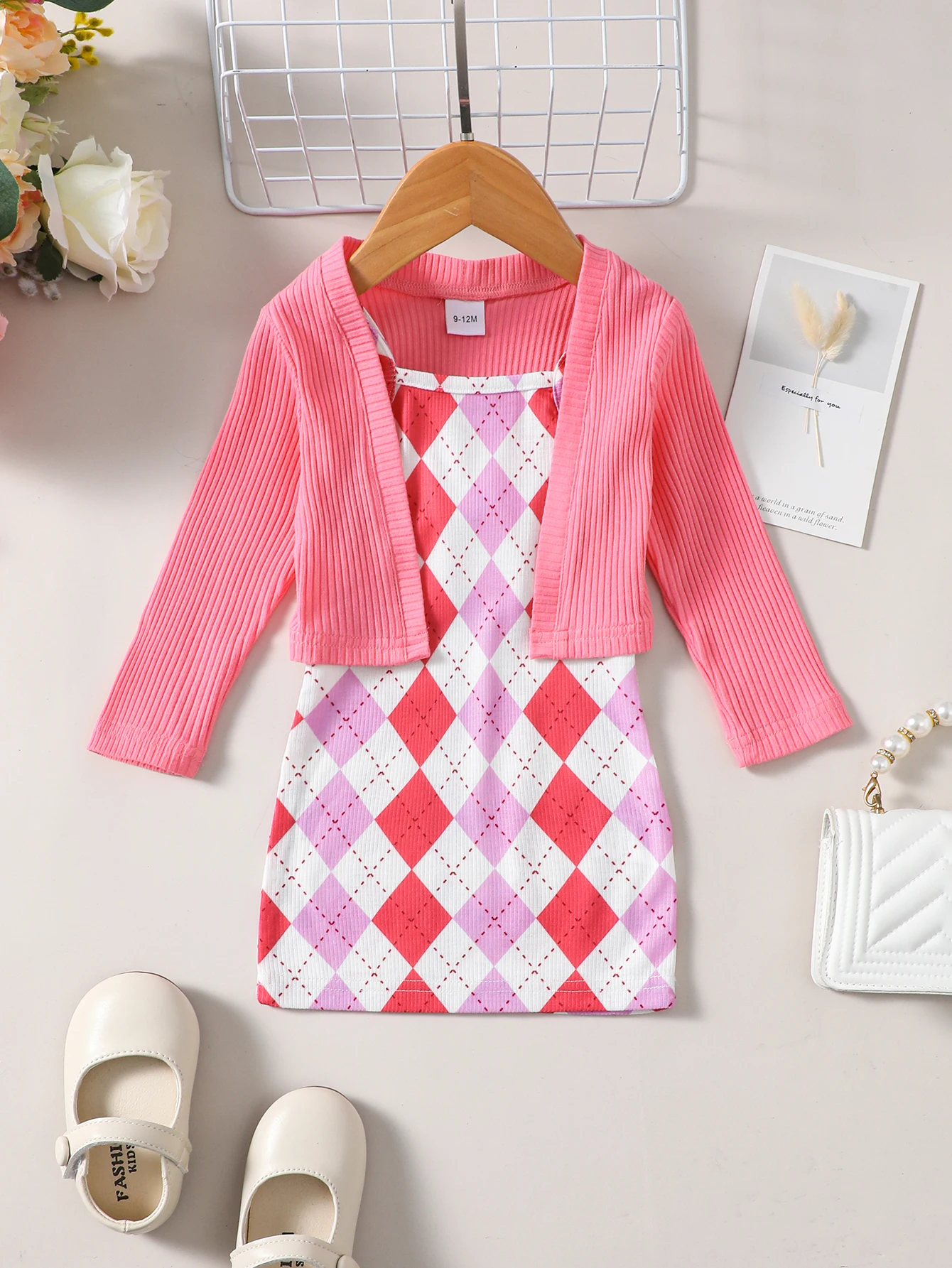 2PCS Kids Girl Clothes Set Pink Long Sleeve Knitted Coat+Lattice Sling Dress Sweet Birthday Party Suit for Child Girl 1-4 Years