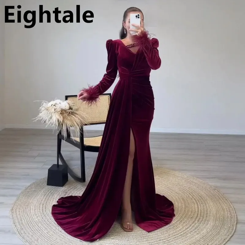 

Eightale 2023 Burgundy Velour Mermaid Evening Dress Sexy Slit Long Sleeve Dubai Prom Dress Arabic Formal Party Gown