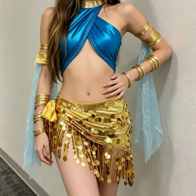 Women Y2k Sequin Tassel Skirt Sexy Gold Coin Belly Dance Hip Scarf Sparkly Glitter Mini Skirt Festival Rave Outfits