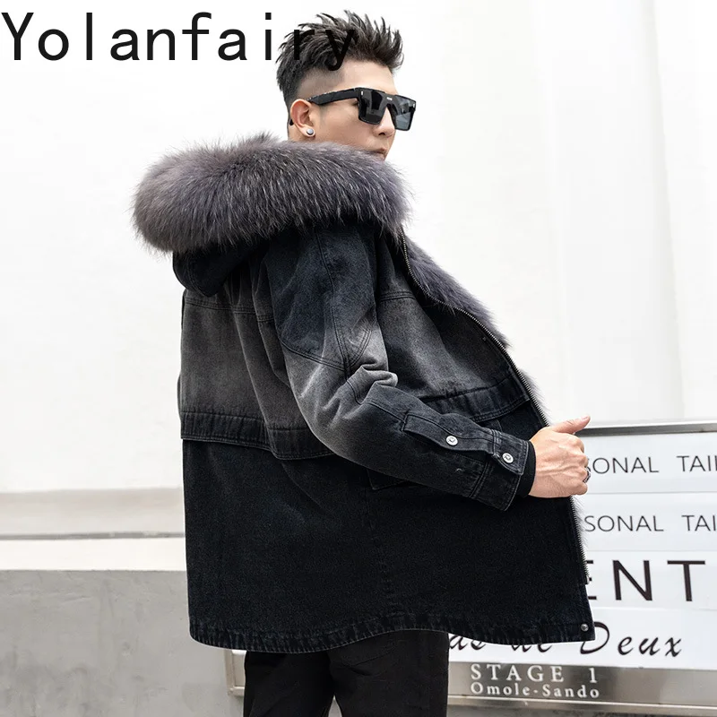 YOLANFAIRY vera pelliccia di volpe da uomo parka lungo abbigliamento di lusso da uomo cappotto invernale da uomo molto caldo collo di pelliccia di procione vestibilità ampia 2024