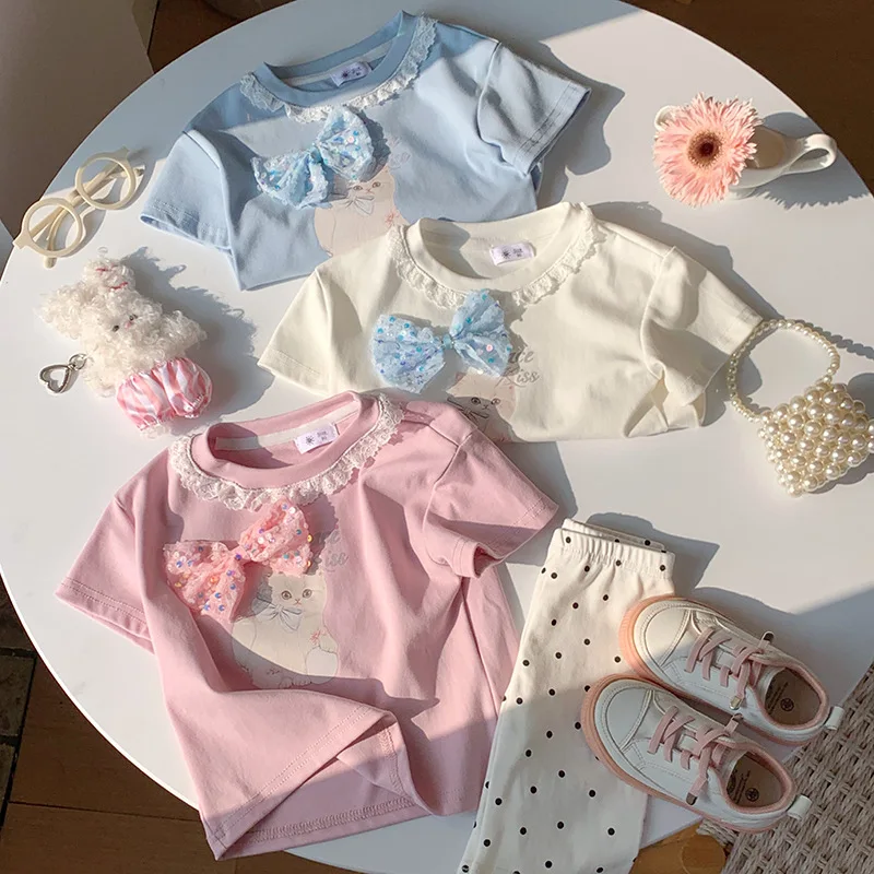 2-10T Toddler Kid Baby Girl Summer Clothes Cat Print Girls T Shirt Short Sleeve Lace Top Elegant Princess Tshirt Infant Outfit