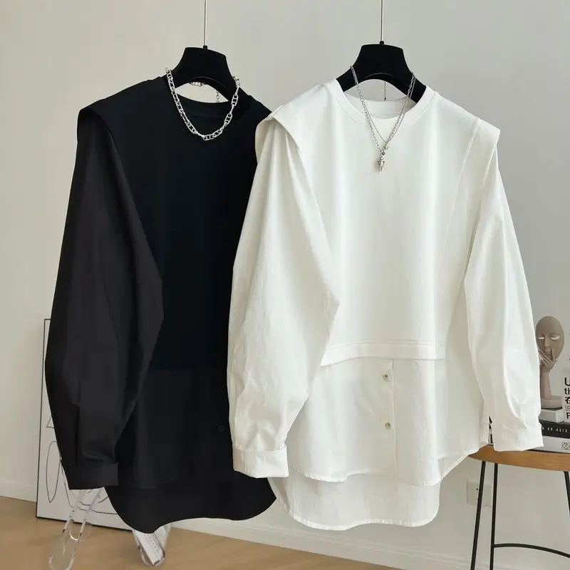 Extra Large Loose Casual Coat Splicing Fake Two Long Sleeved Shirts Blouses for Women Fashion 2024 Women Tops Plus Size Tops