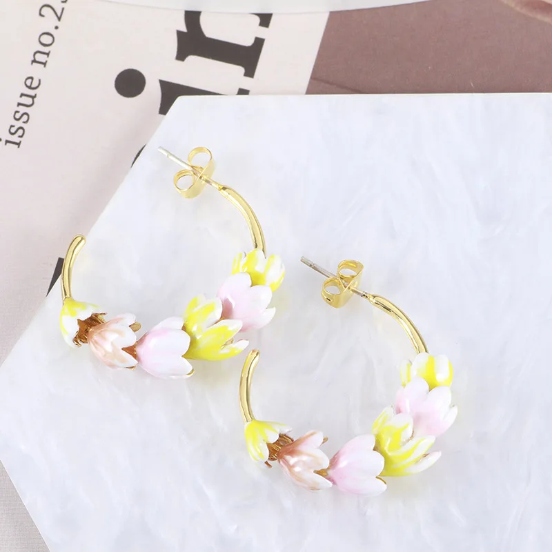 Fashion Bohemia Style Very Gentle Jewelry Handmade Enamel Saffron C-shaped Hoop Flower String Hoop Hoops for Fairy Earrings Girl