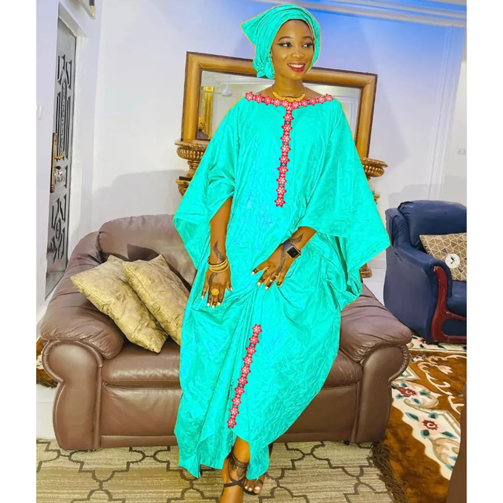 

2023 New Nigerian Original Bazin Riche Dress Big Size African Robe Dashiki Clothing Women Wedding Bride Party Dresses With Scarf