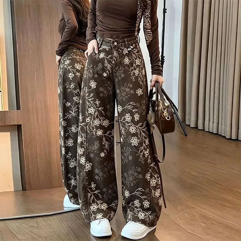 2026 Spring Fall Women High Waisted Floral Pattern Coffee Denim Trousers , Woman Fashion Vintage Wide Leg Jeans Pants