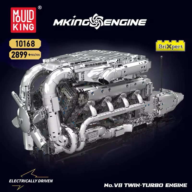 Mould King 10168 Technical Motorized V8 Tmin-turbo Engine Model Building Blocks Supercar Engine Kits Toy Kids Christmas Gift